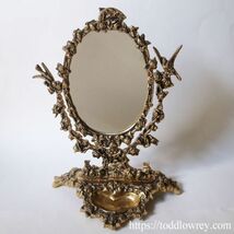 【薔薇と小鳥と歪んだ真珠】フランス アンティーク ミラー 鏡 真鍮 ブラス バロック 自立式◆Antique Baroque Style Small Dressing Mirror_画像2