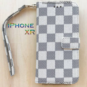 iPhone XR 手帳型 ケース 白色 ホワイト 市松模様 格子柄 チェック柄 アイホン アイフォン スマホケース