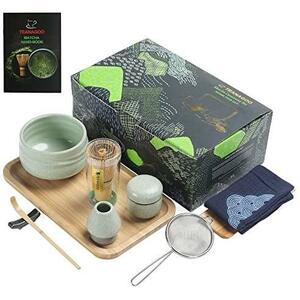 A.10点セット（竹茶盤）_1.薄緑に黒い線- TEANAGOO 日本茶セット 抹茶泡立て器セット 抹茶茶碗竹抹茶泡立て器（chasen）
