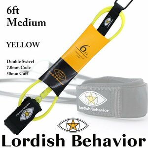 ■Lordish Behavior■LB 6ft ミディアム リーシュ [YELLOW] 7mm オールラウンド Wスゥイベル／ローディッシュビヘイビア サーフィン