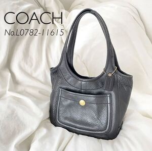 美品【COACH】No.L0782-11615 レザートートバッグ シボ革 ブラック/黒 金ロゴ チャーム付き