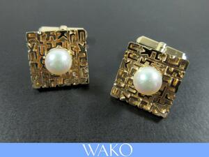 【WAKO】K14YG 6.7mm アコヤ真珠 デザイン スクエア型 ゴールド カフス 10.6g 和光 ケース付　J167