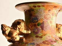 【流】九谷焼 色絵金彩花詰獅子耳大花瓶 高50cm TE166_画像2
