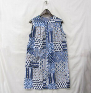 Vintage size dress length 87cm hand made? patchwork no sleeve One-piece feather weave total pattern blue group old clothes Vintage 2M1417