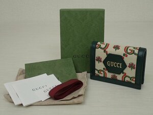 GUCCI/グッチ☆100周年記念 カードケース 二つ折り財布 ベージュ＆グリーン GGフラワー ジャカード 676297 未使用 正規店購入
