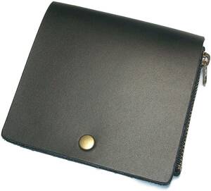 二つ折り財布（ブラック）本革 レザー 薄型 革 カードケース 薄い コンパクト ミニ 小さい財布 黒色 ハンドメイド メンズ 日本製