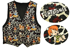 Y-3725★送料無料★THE FLINTSTONES 原始家族フリントストーン★激レア貴重 ブラック黒色 レオパード 織り生地 ベスト ジレ Ｌ 相当