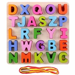 I375★モンテッソーリ　木製　型はめパズル　紐通し　数字　英語　アルファベット　知育玩具