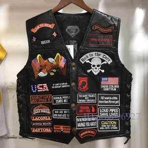 M815★新品ベスト メンズ レザーベスト 刺繍 バイクベスト ライダース ベスト 革ジャン カジュアル チョッキ ジャケット タンクトップ