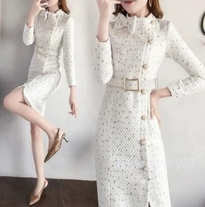 E09 new work white tweed One-piece Schic . Celeb manner slim design One-piece lady's fashion . high-end 