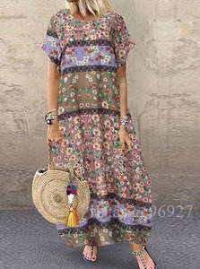 C29W34 summer new work casual race manner print body type cover pretty short sleeves reti- long One-piece 3XL