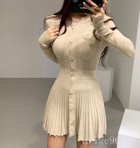 H057* front opening button pleated skirt stylish stretch material mini height knitted One-piece sexy pretty adult 