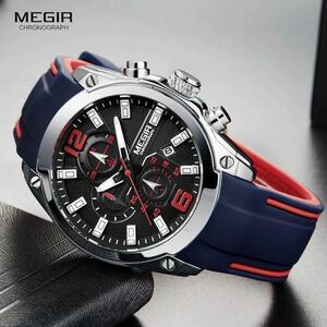 J279★海外人気ブランド MEGIR メンズ高品質腕時計 クロノグラフ カレンダー 防水 シリコンバンド ブルー