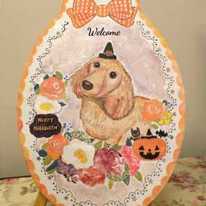 ミニチュアダックスフンド 犬 ペット 絵 ハロウィンリース ハロウィーン飾り☆トールペイントハンドメイド 表札看板プレゼントに!