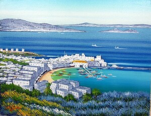 油彩画 洋画 (油絵額縁付きで納品対応可) M4号 「青い海のエーゲ海 ミコノス島」 中島 達幸
