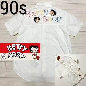 90s◆BETTY BOOP ベティーブープ◆デカプリント シャツ モードパル M 白 ホワイト 半袖 伊藤忠 アニメ ベティちゃん ボタンダウン BD