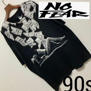 90s◆NO FEAR ノーフィアー◆100ドル札 ランジェリー美女 Tシャツ XL 黒 ブラック グラフィック Mexico製 エクストリーム サーフ