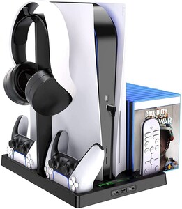 PS5 縦置きスタンド 冷却ファン イヤホンサポート付き 冷却パッド 冷却台 2つ冷却ファン搭載 (ブラック)