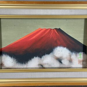 真作保証■日本画■春峰■赤富士■細密リアリズム■額付絵画　ｃ