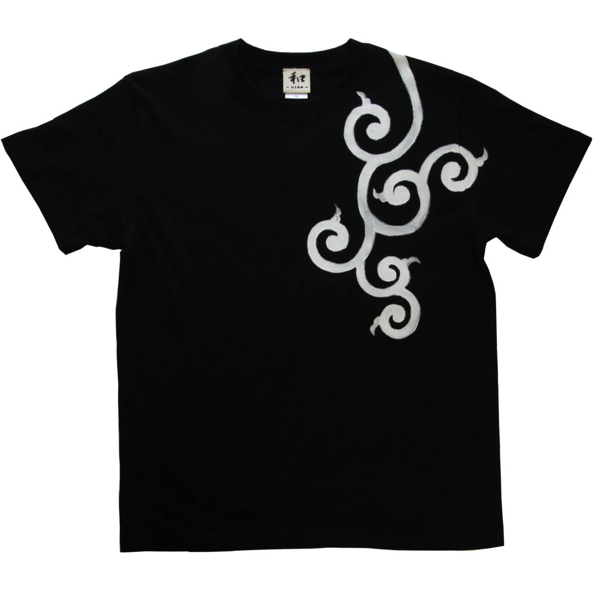 メンズ Tシャツ Mサイズ 黒 唐草柄Tシャツ ブラック ハンドメイド 手描きTシャツ 和柄, Mサイズ, 丸首, 柄もの