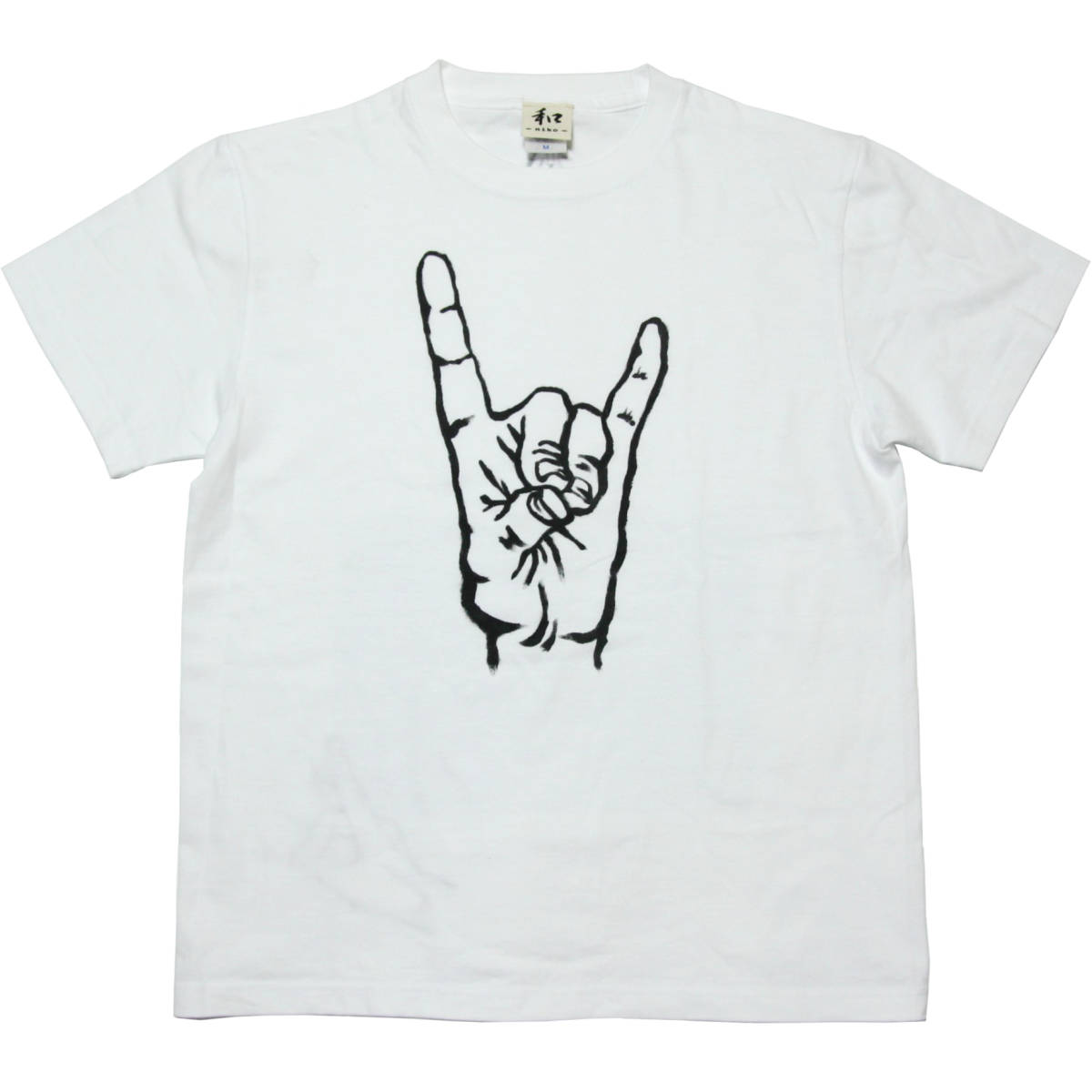 Men's T-shirt, size M, white, Fox hand sign T-shirt, white, handmade, hand-drawn T-shirt, Kanji, Medium size, Crew neck, Patterned