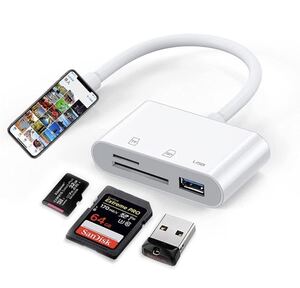 iPhone 用 SD カードリーダー 3in1 SD TF USB 変換アダプタ OTGカメラアダプタ TF カードリーダー双方向データ転送 iOS対応(ホワイト)