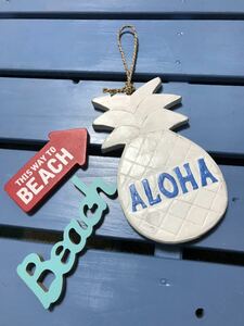 ◆ハワイアン雑貨 パイナップル アロハ ビーチ オーナメント 飾り◆ALOHAウッド サイン看板◆DIY アメリカンハウス◆海の家
