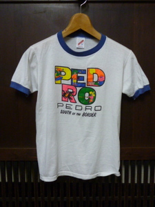 USA古着　80s 90s リンガー Tシャツ JERZEES S 白 青 PEDRO 半袖 S アメリカ製