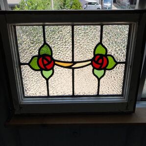 8s-321 アンティークステンドグラス バラ柄/リース柄/格子柄 1920年代英国製/イギリス製