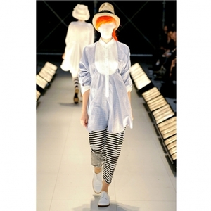  Junya Watanabe Comme des Garcons linen poly- deformation dore-p design blouse blue white XS [ lady's ]