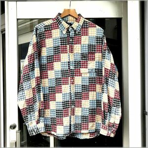 ★Jクルー　90s　長袖　ボタンダウン　パッチワークシャツ　size L　インド綿★検 ビンテージ j crew チェック柄