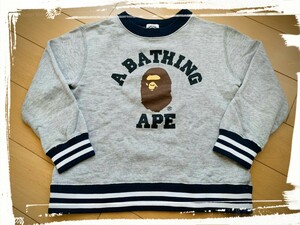 金タグ日本製☆ベイプBAPE KIDSトレーナー灰色グレー紺色ネイビー長袖キッズBABY MILOスウェット120cmA BATHING APEベイシングエイプsweat