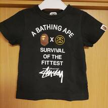 希少コラボ金タグ日本製☆ステューシー半袖TシャツS/90cmベイプBAPE KIDS黒BLACK白エイプA BATHING APEベイシングエイプSTUSSYキッズ男の子_画像1