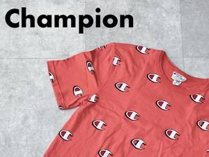 ☆送料無料☆ Champion チャンピオン USA直輸入 古着 半袖 ロゴ 総柄 Tシャツ メンズ S コーラルレッド トップス 中古 即決