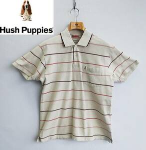 ▲Hush Puppies*Lサイズ*半袖ポロシャツ*ボーダー柄*ベージュ*メンズ*カジュアル*休日*お出かけ*犬*ワンポイントロゴ*ハッシュパピー #5024