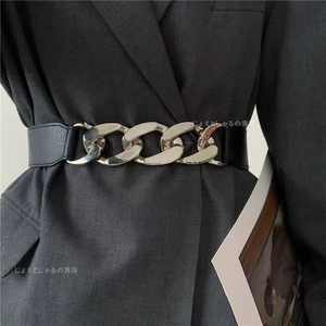 [ silver ] lady's belt rubber chain belt waist Mark pu silver color metal fittings 