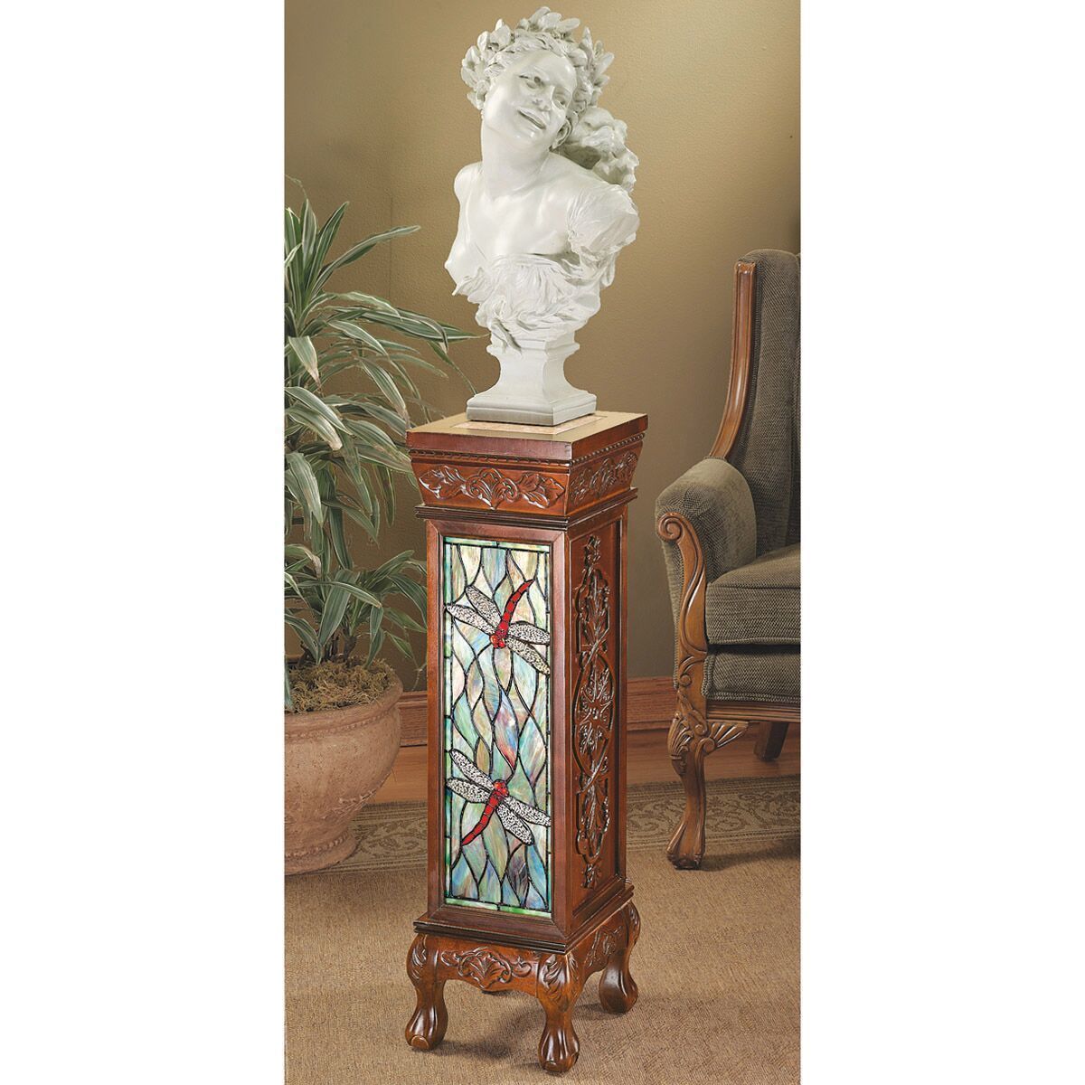 Handmade sculpture pedestal with stained glass lighting featuring a dragonfly design Statue/Exhibition space Gallery (imported), hand craft, handicraft, glass crafts, Stained glass