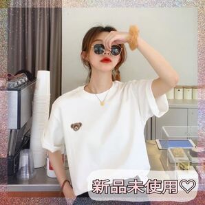 0523*ワンポイント くま 半袖 Tシャツ カットソー Mサイズ