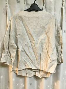  beautiful goods [SELF SERVICE/ self service ] 7 minute sleeve linen blouse /L* beige *. flower embroidery * lady's *USED