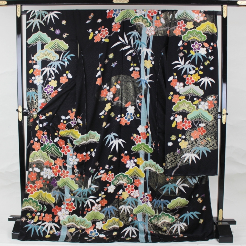 [Yy]★Furisode le plus fin sur mesure, fond noir, Yuzen AC1038 peint à la main, mode, Kimono femme, kimono, Kimono à manches longues