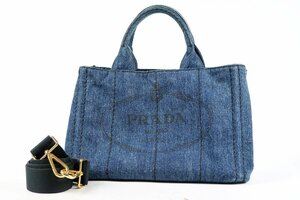 【美品】PRADA プラダ カナパ デニム 2WAYショルダー ハンドバッグ ブルー×ゴールド金具 レディース鞄【LX30】