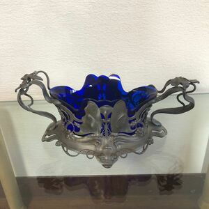 アールデコ　コンポート(果物入) 鋳物、青色ガラス