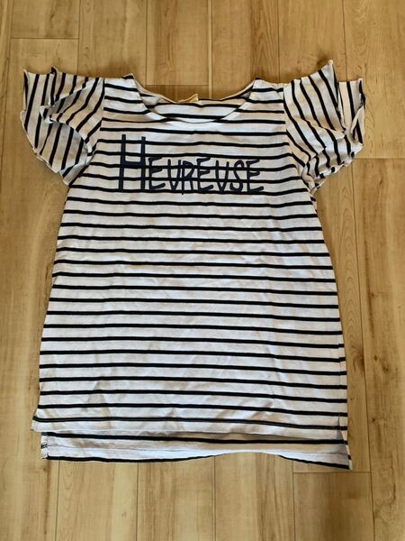 ボーダー柄トップスF袖ヒラヒラ 半袖Tシャツ