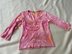 ピンク　ash gray Mサイズ/検索：レディース/服/上衣/女性/M/七部丈　シャツ　日本製　猫　ねこ　ネコ　ストーン　Ｔシャツ　