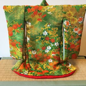 ミニ着物30cm32cm正絹縮緬地!黒塗装ハンドメイド衣桁付き♪