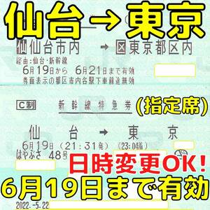 仙台(市内)→東京(都区内) 東北新幹線 乗車券＋指定席特急券 6月19日まで有効