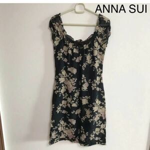 ANNA SUI アナスイ 花柄 膝丈ワンピース(裏地付き) 黒　ブラック