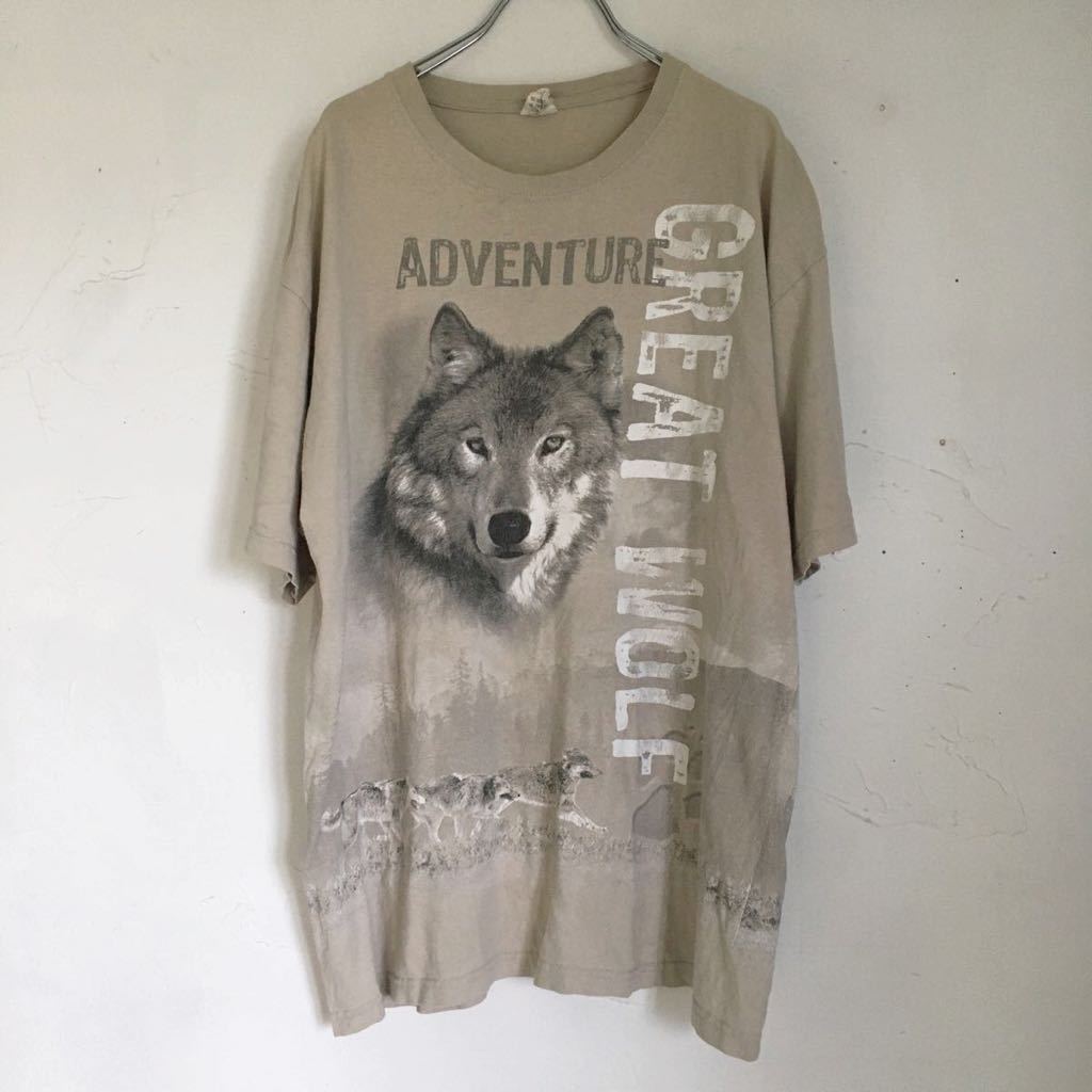 グレイ系,XL(LL)2021新商品 90s アニマルプリント オオカミ Tシャツ