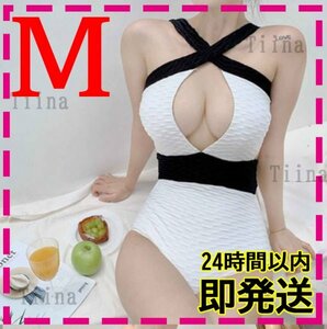 M 白 セクシー バイピング ワッフル 韓国 ワンピース 水着 シフォン 大人 体型カバー パフスリーブ jewels dholic tika