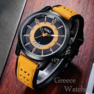  腕時計　ギリシャ文字 ツートン アナログ メンズ クォーツ 時計 高品質 レザー ファッション時計 オシャレ ウォッチ ブラックキャメル 2